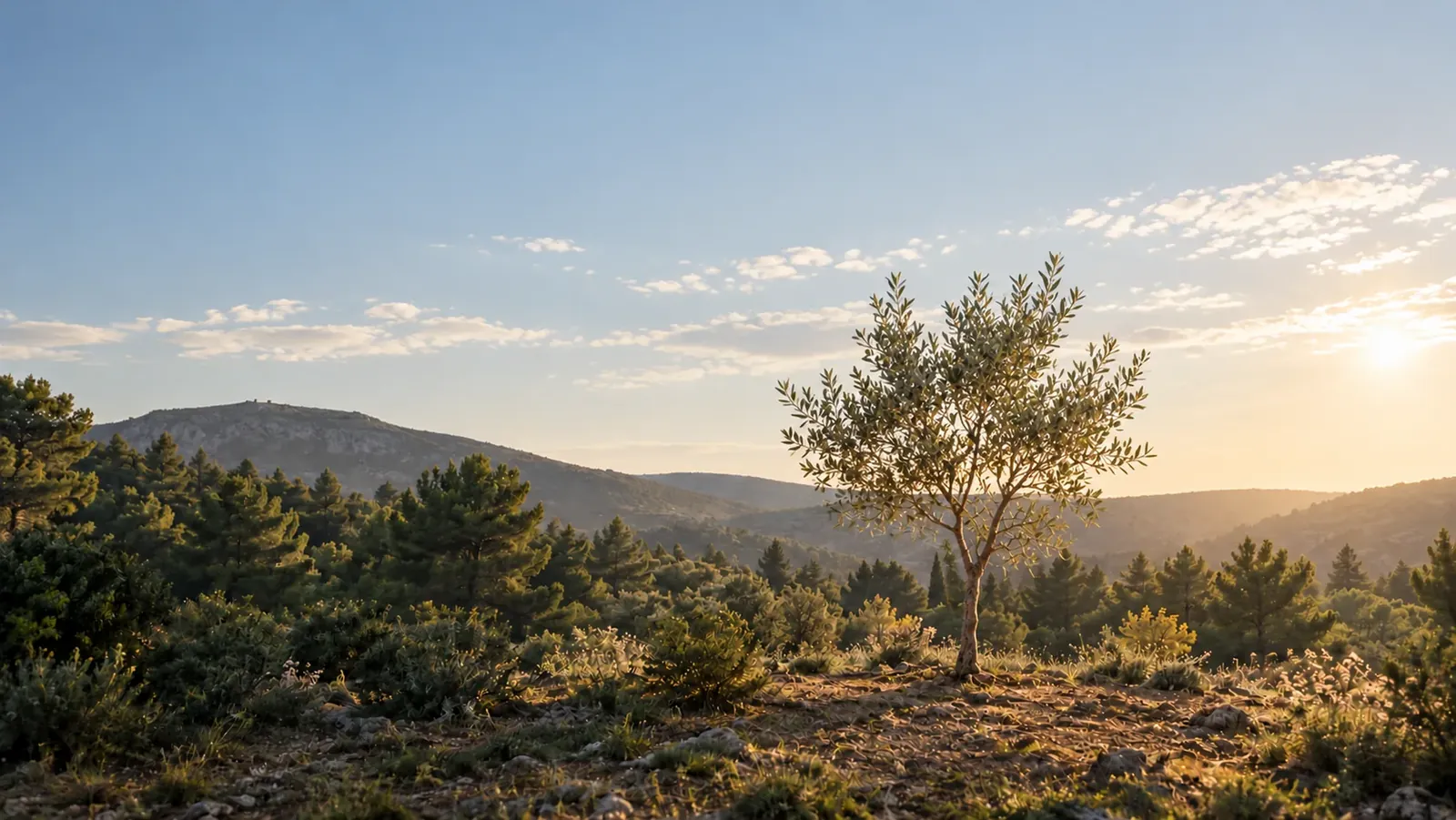 Συμβολική απεικόνιση ελιάς που μεγαλώνει σε ένα φυσικό τοπίο εμπνευσμένο από τα βόρεια προάστια της Αθήνας.